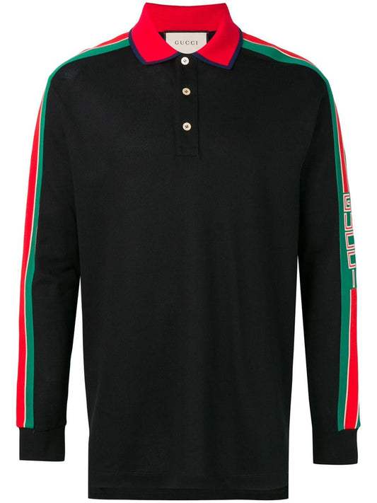 Gucci Web-stripe Detail Long Sleeve Polo in Black