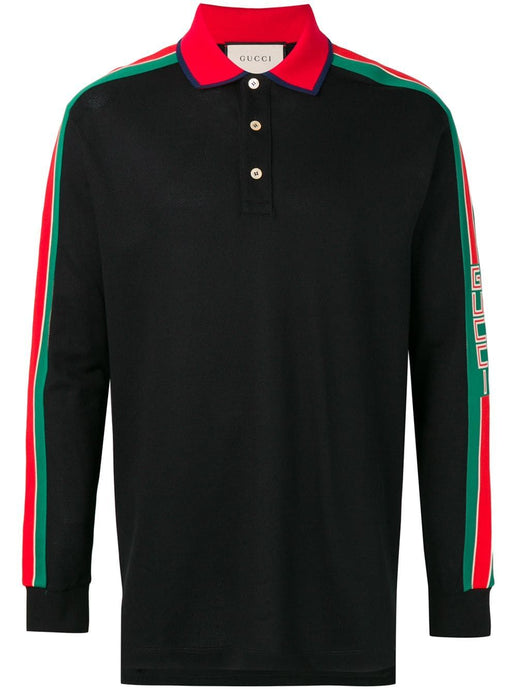 Gucci Web-stripe Detail Long Sleeve Polo in Black