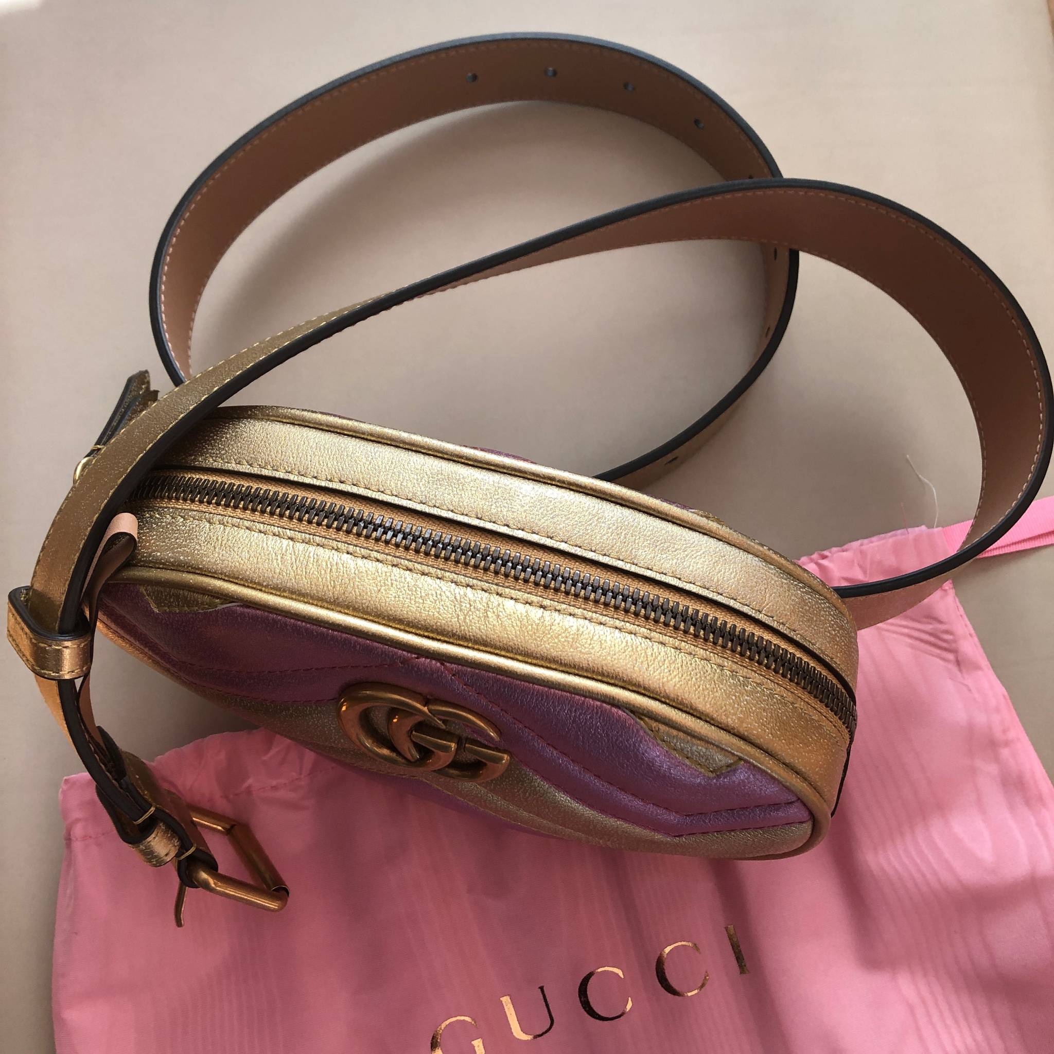 Gucci Marmont Matelasse Metallic Calfskin Leather Belt Bag