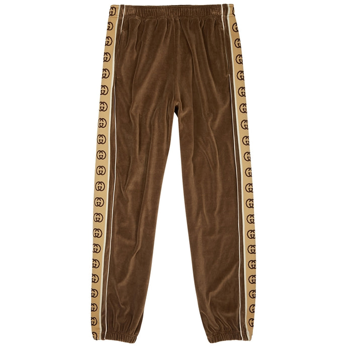 Gucci Interlocking GG Stripe Velour Jogger Pants in Brown