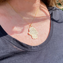 Load image into Gallery viewer, 14K Yellow Gold Hamsa Pendant Necklace 0.90 CTW with Adjustable Chain Length