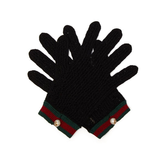 Gucci Web Stripe Crochet Gloves in Black