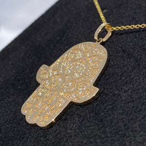 14K Yellow Gold Hamsa Pendant Necklace 0.90 CTW with Adjustable Chain Length