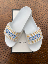 Load image into Gallery viewer, Gucci Logo Leather Slide in White