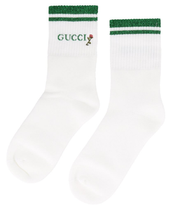 Gucci Rose-embroidered Cotton Ankle Socks in White and Green