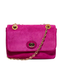 Load image into Gallery viewer, Pink GG Motif Marina Shoulder Bag Gold-tone hardware  100% suede Leather trim  Canvas interior lining Top flap with magnetic closure  Chain shoulder strap Interlocking GG accent  2 main compartments  1 zipped pouch  7&quot; x 10&quot; x 2&quot; Strap drop 11&quot; or 20.5&quot; Product number 5764211 Made in Italy 