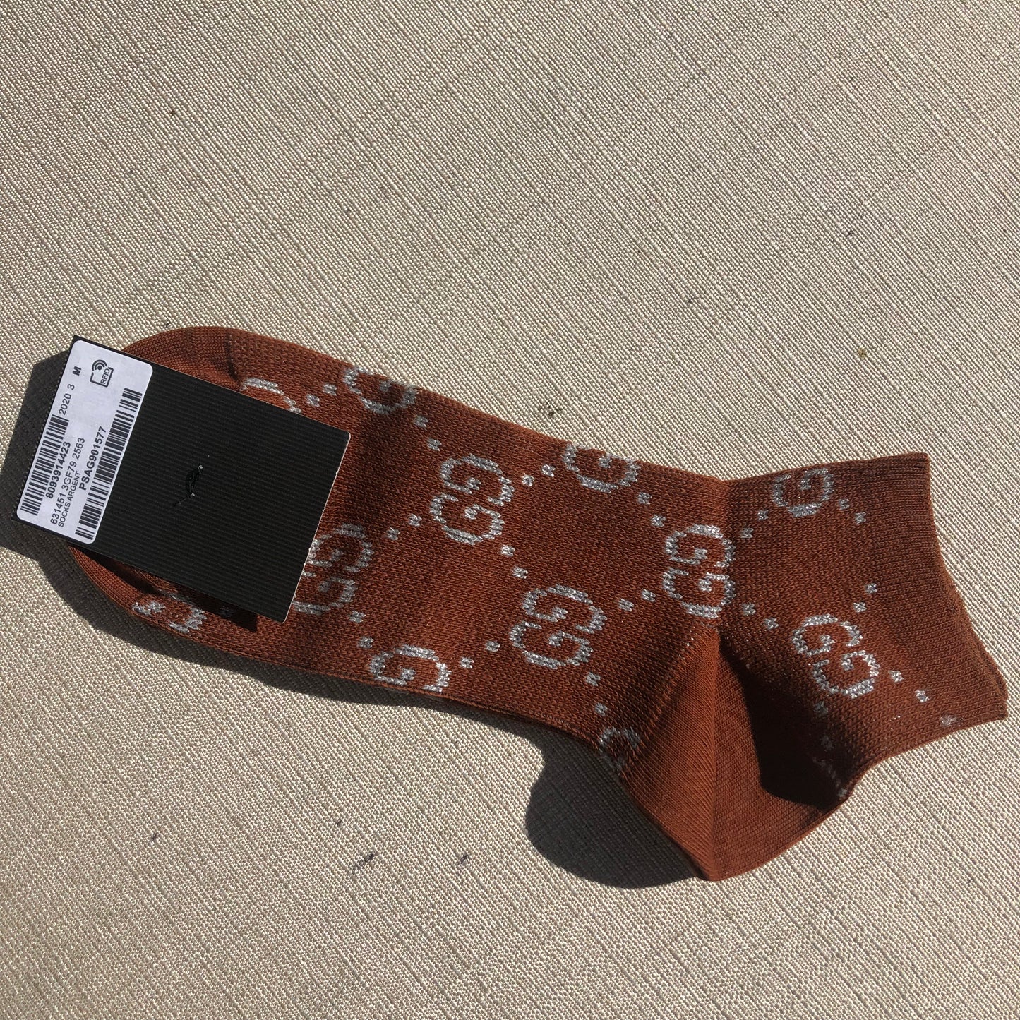Gucci GG Ankle Socks in Brown with Silver Lamé Interlocking GG