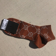 Load image into Gallery viewer, Gucci GG Ankle Socks in Brown with Silver Lamé Interlocking GG
