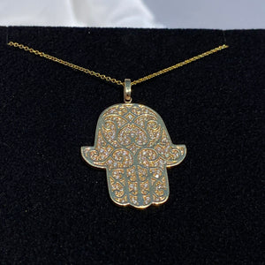 14K Yellow Gold Hamsa Pendant Necklace 0.90 CTW with Adjustable Chain Length