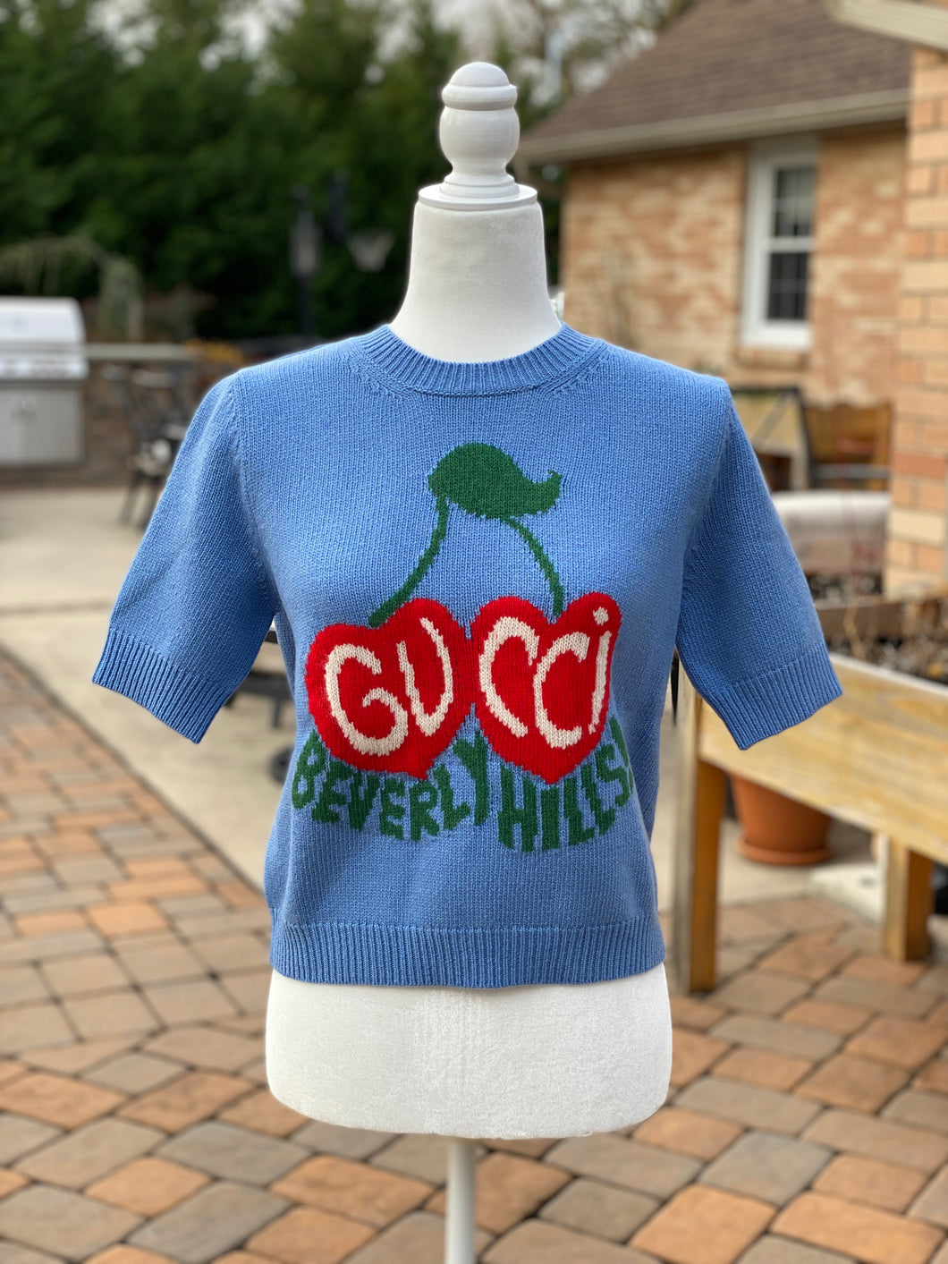 Gucci Wool Sweater with Cherry Intarsia in Blue