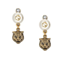 Load image into Gallery viewer, GUCCI Feline Head Brass and Crystal Drop Earrings