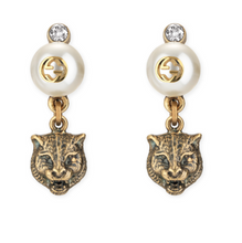 Load image into Gallery viewer, GUCCI Feline Head Brass and Crystal Drop Earrings
