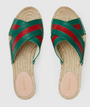 Load image into Gallery viewer, GUCCI Calfskin Perforated Web Espadrille Sandals Red Green