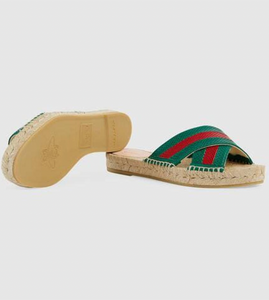 GUCCI Calfskin Perforated Web Espadrille Sandals Red Green