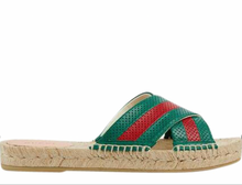 Load image into Gallery viewer, GUCCI Calfskin Perforated Web Espadrille Sandals Red Green