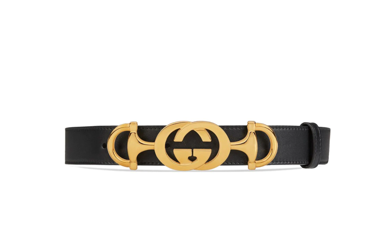 Belt with square buckle and Interlocking G in black leather