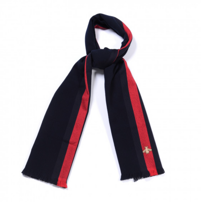 Gucci Navy Blue Wool Cashmere Silk Long Scarf with BRB Web and Bee