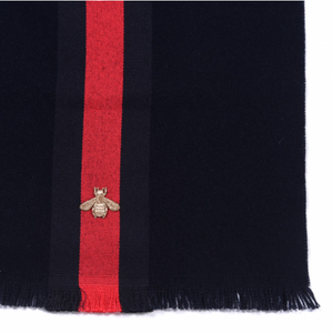 Gucci Navy Blue Wool Cashmere Silk Long Scarf with BRB Web and Bee