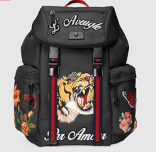Load image into Gallery viewer, GUCCI Techno Canvas Web L&#39;Aveugle Par Amour Embroidered Double Buckle Backpack