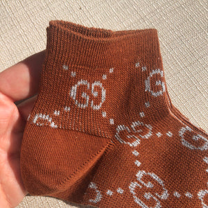 Gucci GG Ankle Socks in Brown with Silver Lamé Interlocking GG