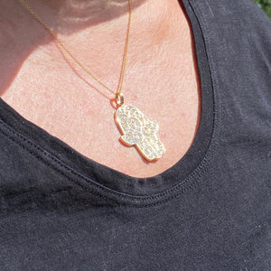 14K Yellow Gold Hamsa Pendant Necklace 0.90 CTW with Adjustable Chain Length