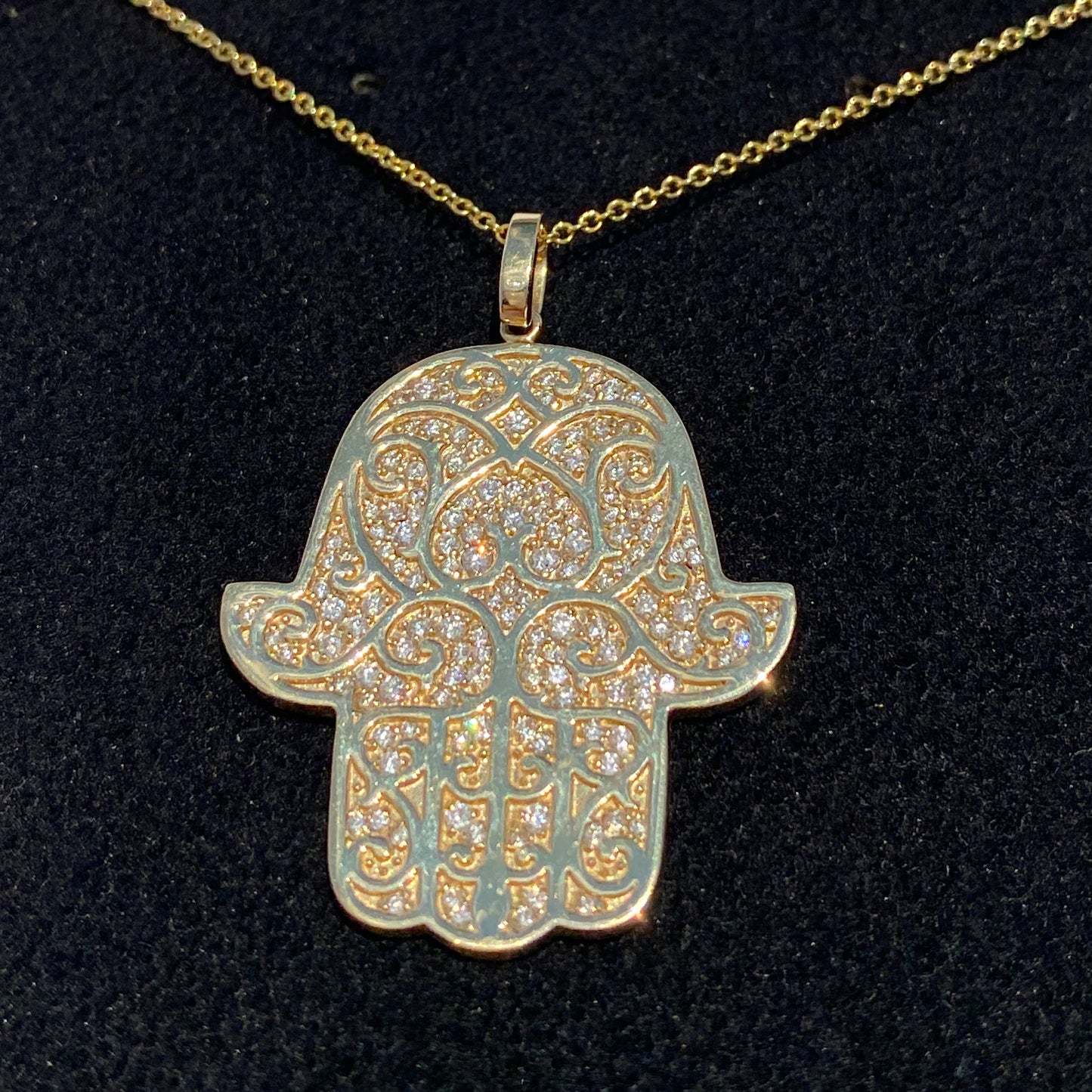 14K Yellow Gold Hamsa Pendant Necklace 0.90 CTW with Adjustable Chain Length