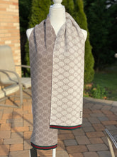 Load image into Gallery viewer, Gucci Taupe Reversible Wool Scarf with Red Green Trim