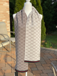 Gucci Taupe Reversible Wool Scarf with Red Green Trim