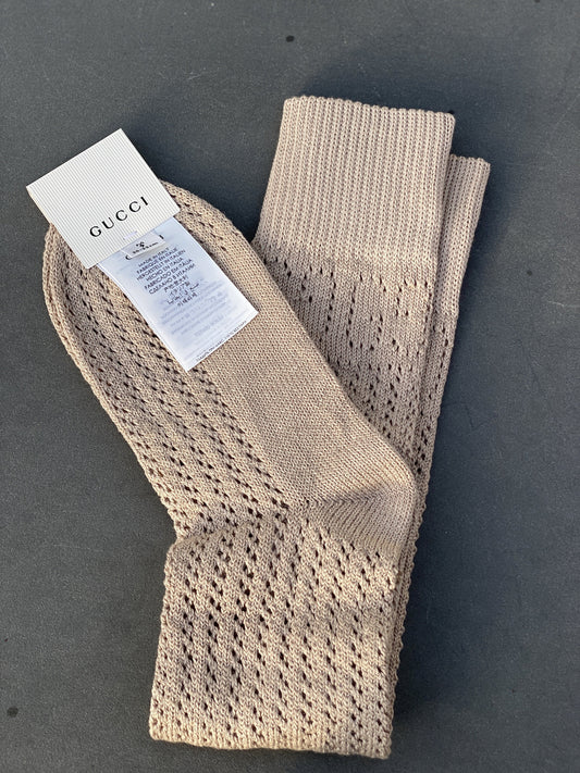 Gucci Knit Knee High Socks with GG Logos in Sand Beige