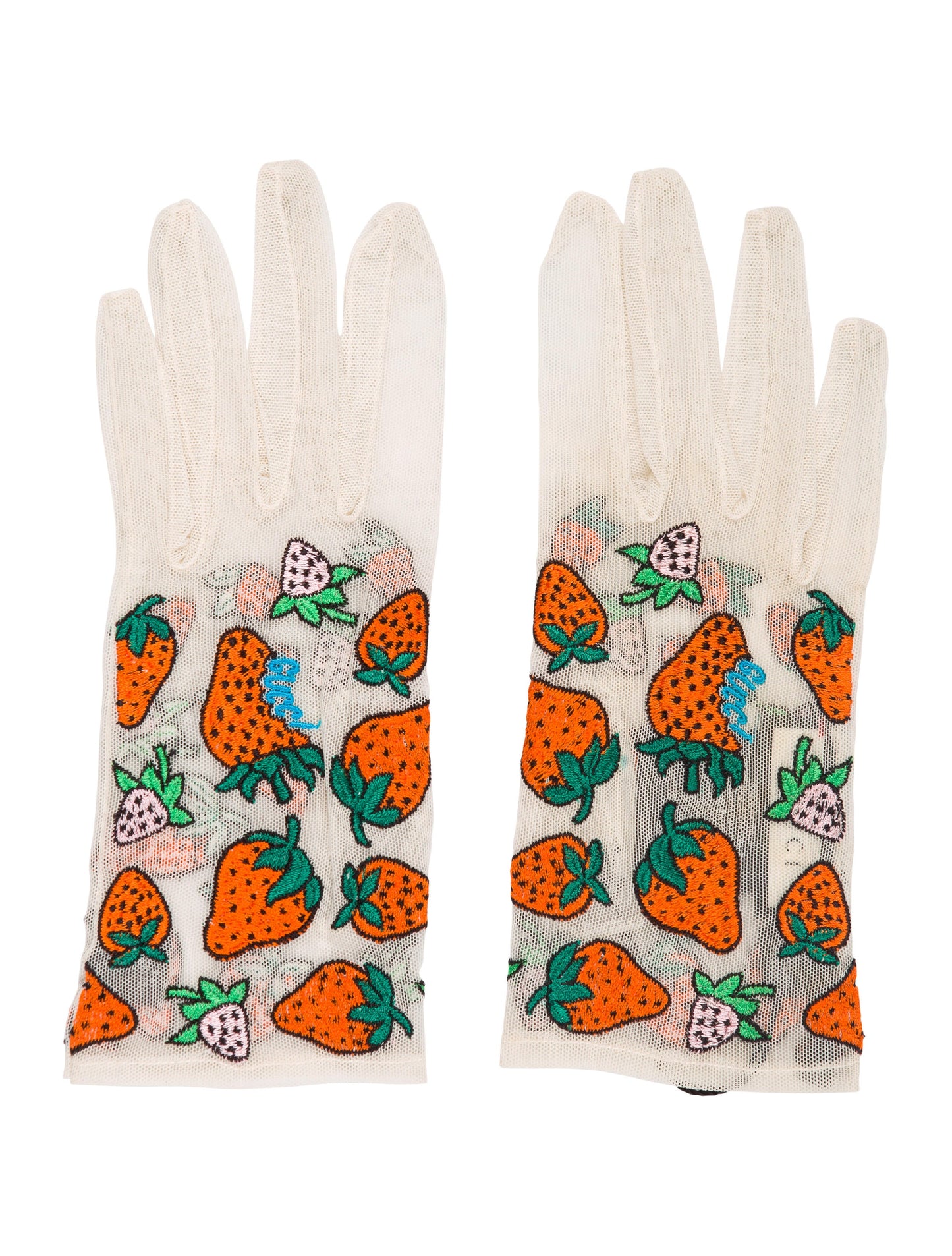 Gucci Tulle Strawberry Embroidered Gloves in White