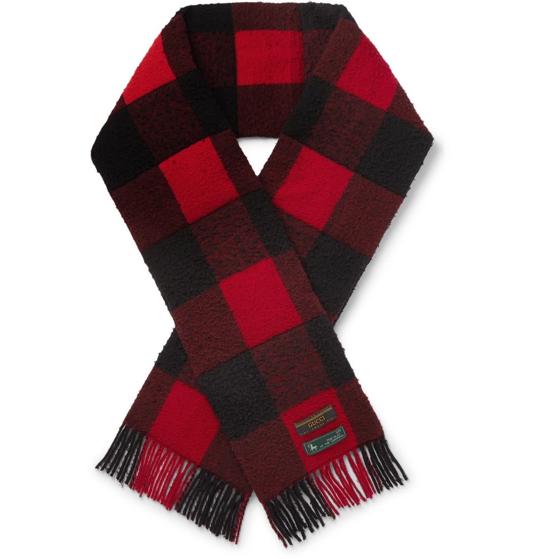 Gucci Fringed Padded Checked Wool Scarf in Red