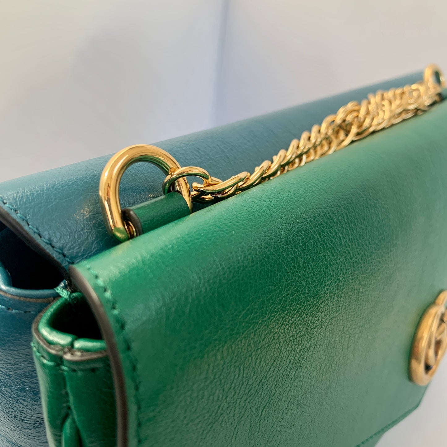 This is a two toned, double sided Gucci bag. The style is called Thiara and it looks like two envelopes back to back. One side is a mellow Robin blue. The other side is a jade green. The blue side has a jewel encrusted Raja tiger head on the magnetic clasp. The green side has the iconic double GG on the button clasp. There is a fixed Gucci gold short chain on the top and a strap is also included to make this a should bag or crossbody.