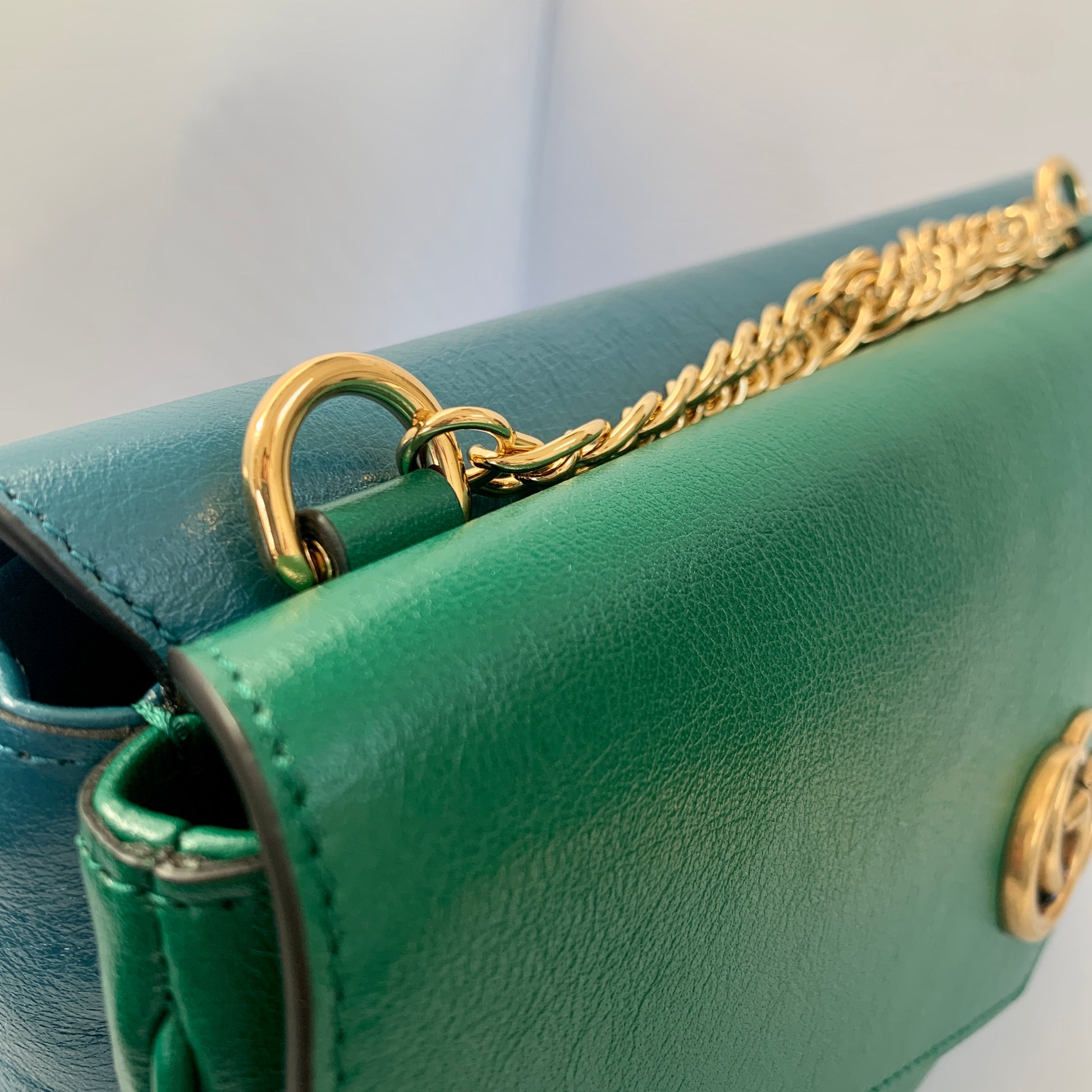 This is a two toned, double sided Gucci bag. The style is called Thiara and it looks like two envelopes back to back. One side is a mellow Robin blue. The other side is a jade green. The blue side has a jewel encrusted Raja tiger head on the magnetic clasp. The green side has the iconic double GG on the button clasp. There is a fixed Gucci gold short chain on the top and a strap is also included to make this a should bag or crossbody.