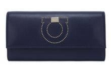 Load image into Gallery viewer, A symbol of Ferragamo’s signature sophistication – this women’s wallet translates the iconic Gancini motif into a maxi gold-tone detail adorning the front. The button closure reveals a neatly organized interior, equipped with six credit card slots, three bill compartments, and a central zipped pocket. Functional and cute, you will want to take this wallet everywhere you go!