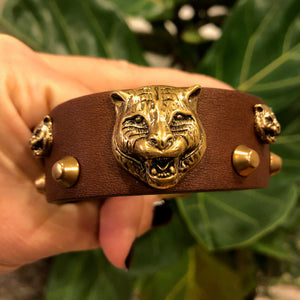 Gucci Feline Head Leather Bracelet in Brown