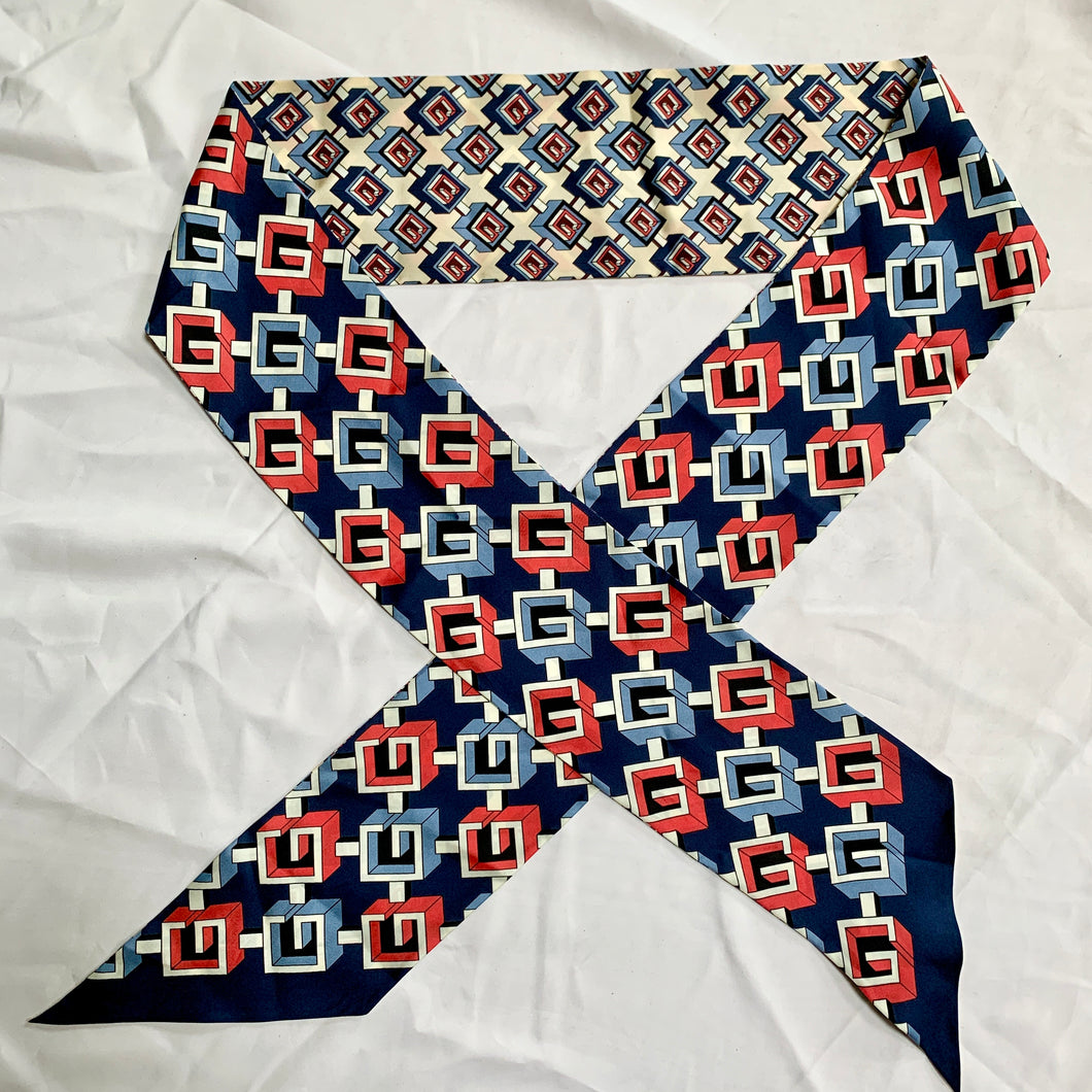 Gucci Silk Geometric G Print Neck Scarf in Cream and Slate Blue