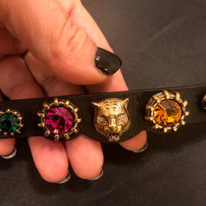 Gucci Crystal Feline Head Leather Bracelet in Black