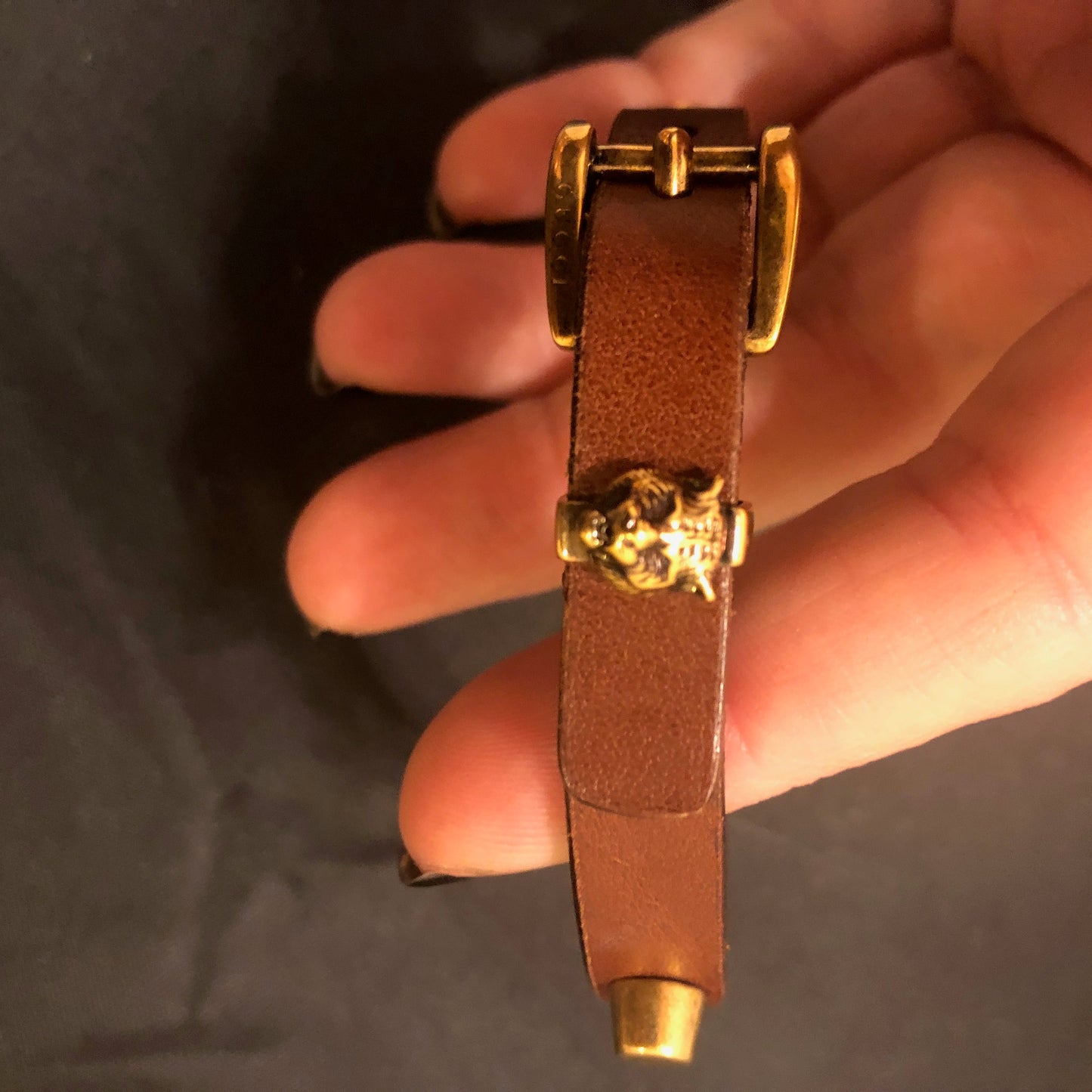 Gucci Studded Feline Head Leather Bracelet in Brown