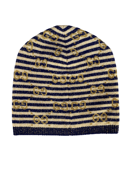 Gucci Knit Beanie in Blue and Ivory with Gold Lamé ?️ Auth GUCCI Gold BEE-EMBROIDERED Orange Blue 100% WOOL  main image 4