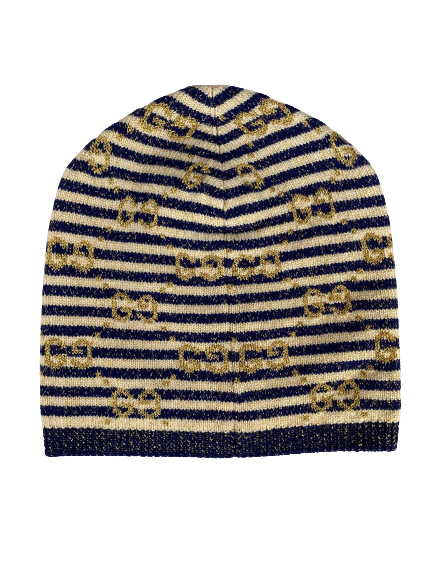 Gucci Knit Beanie in Blue and Ivory with Gold Lamé