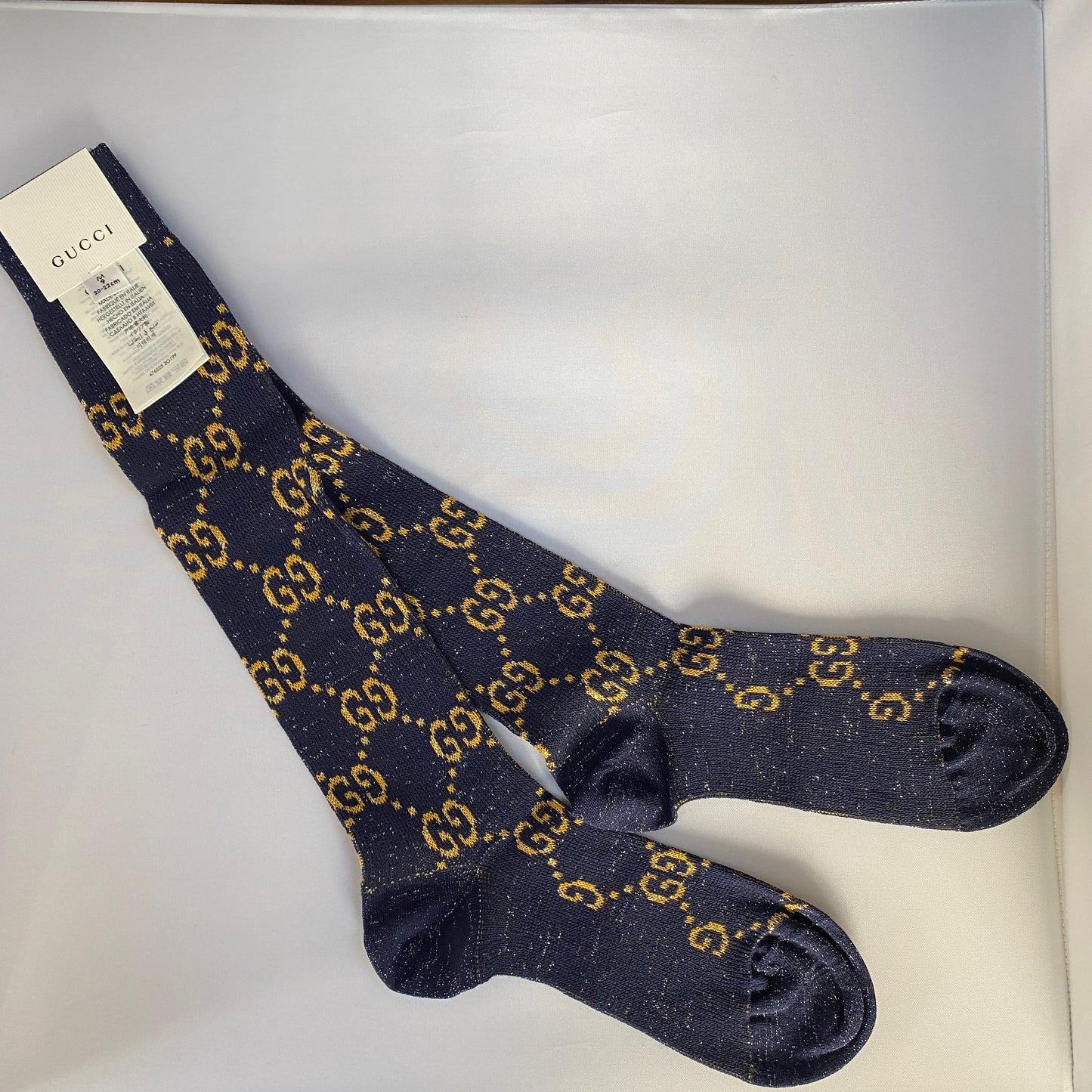 Gucci GG Socks in Blue with Gold Lamé GG