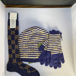 Gucci Knit Beanie in Blue and Ivory with Gold Lamé