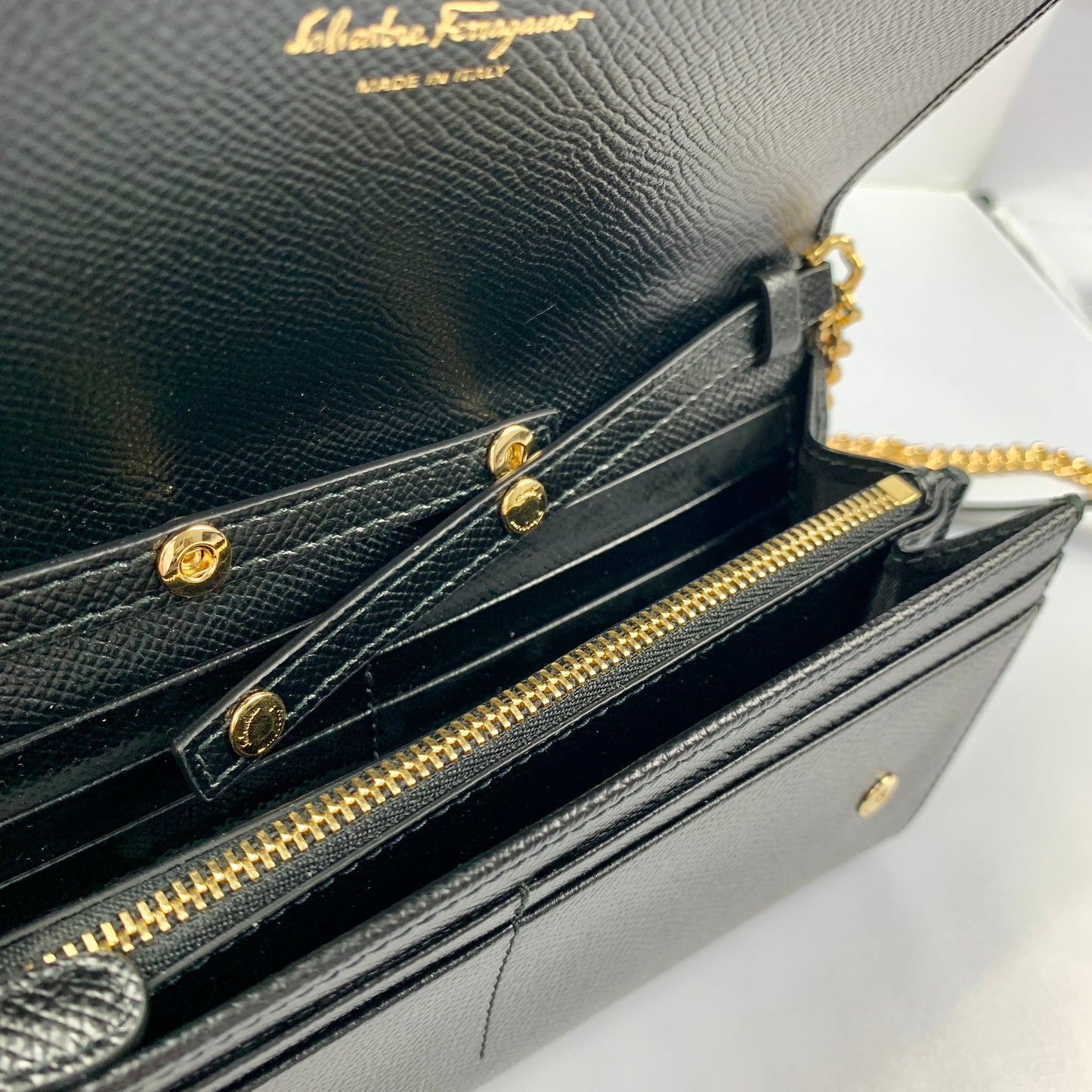 Salvatore Ferragamo Wallet on Gold Chain in Black