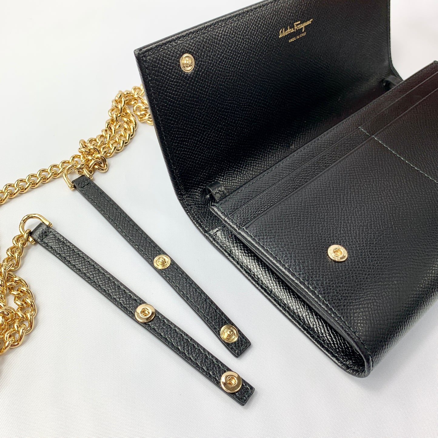 Salvatore Ferragamo Wallet on Gold Chain in Black