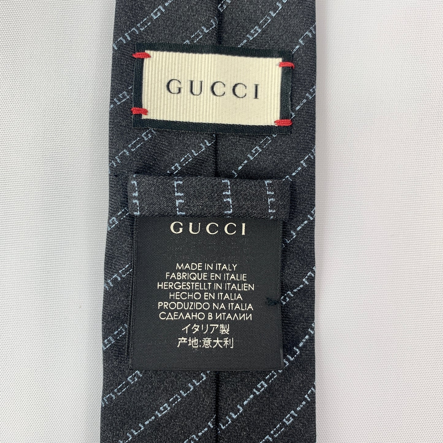 Gucci Wool Barber Tie with Logo in Graphite and Sky Blue