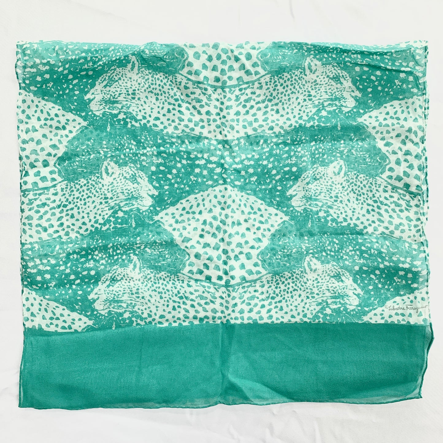 Salvatore Ferragamo Two-Tone Panther Silk Scarf in Aqua