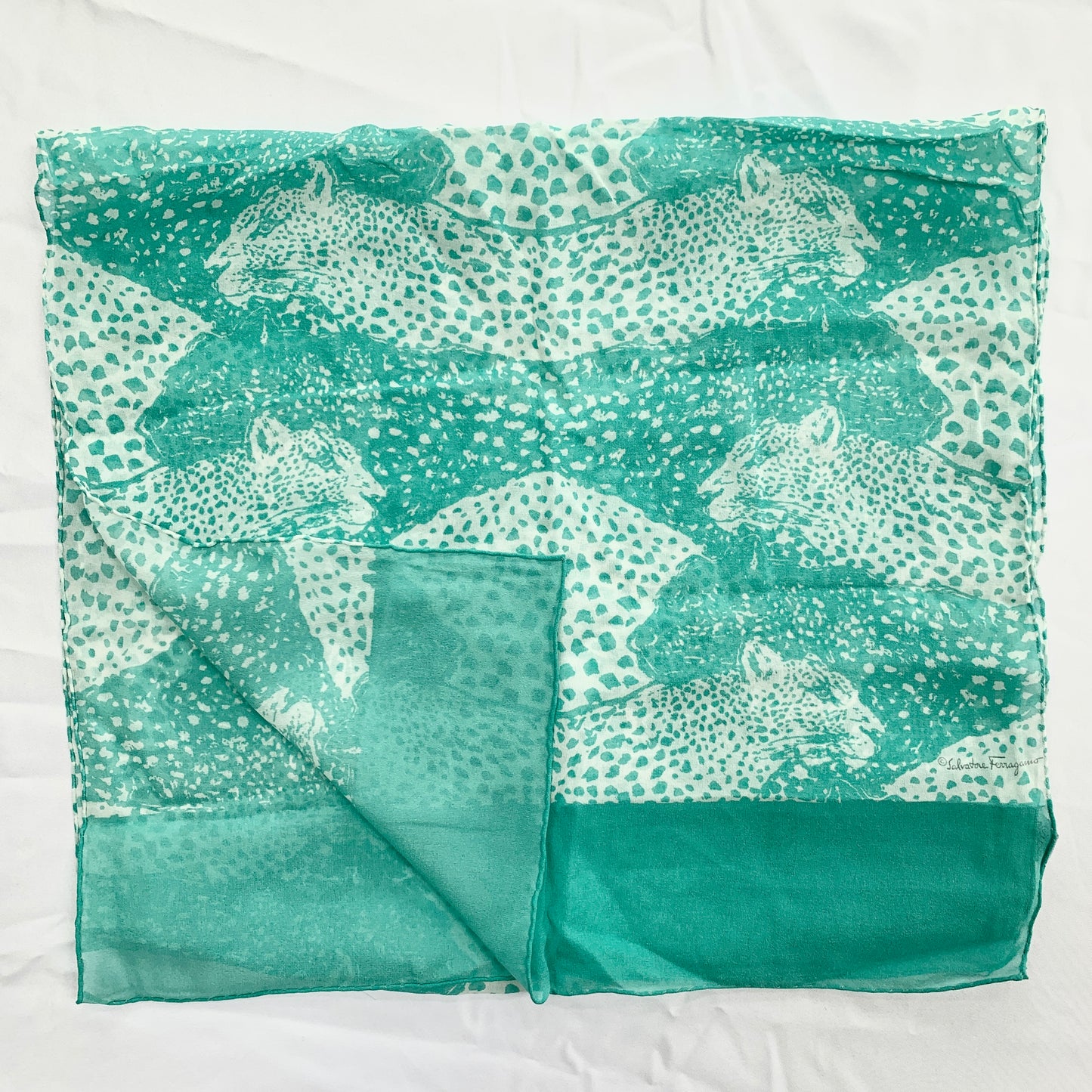 Salvatore Ferragamo Two-Tone Panther Silk Scarf in Aqua