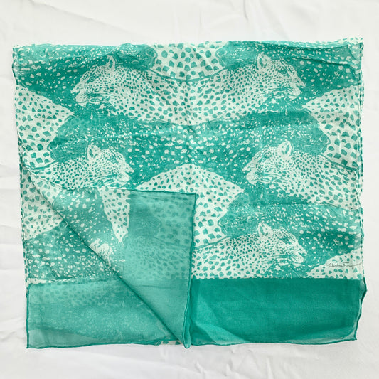 Salvatore Ferragamo Two-Tone Panther Silk Scarf in Aqua