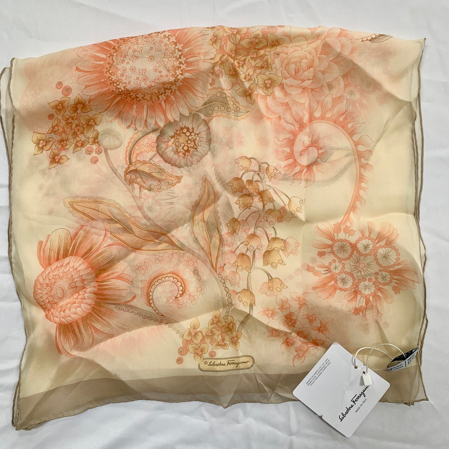 Salvatore Ferragamo Sunflower Floral Silk Scarf in Cream