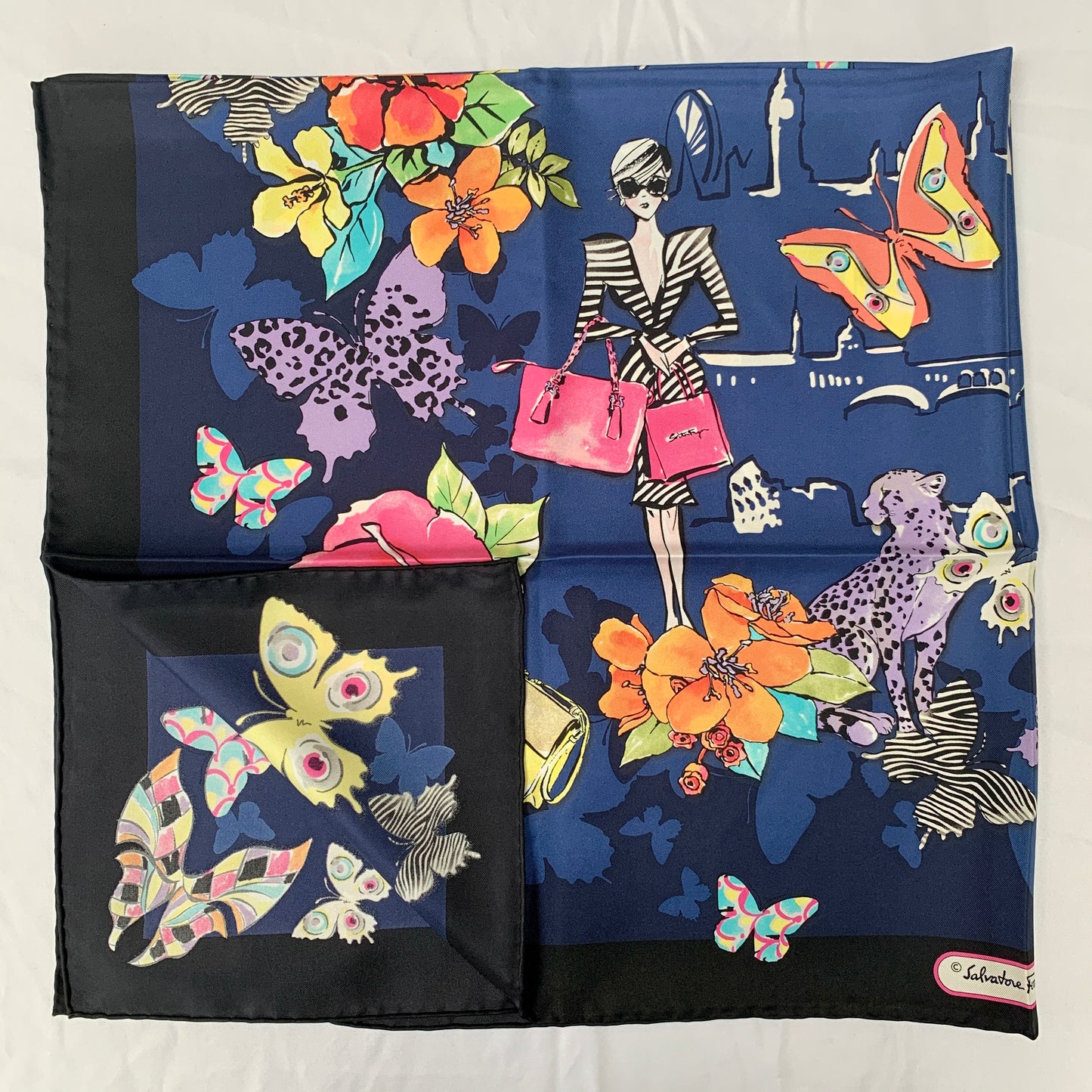 Salvatore Ferragamo Floral City Girl Dolly Silk Scarf in Blue